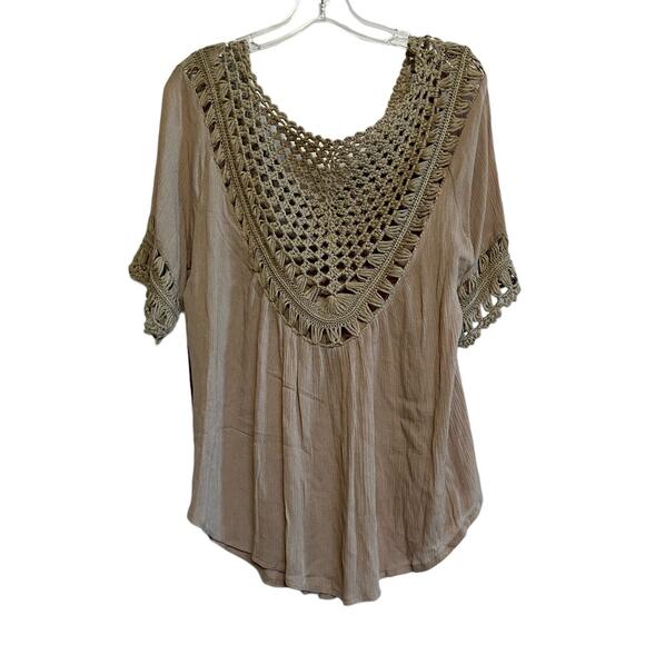 My Emblem Young Contemporary Macrame Crochet Taupe‎ Brown Tunic Blouse M NWT - Picture 2 of 12